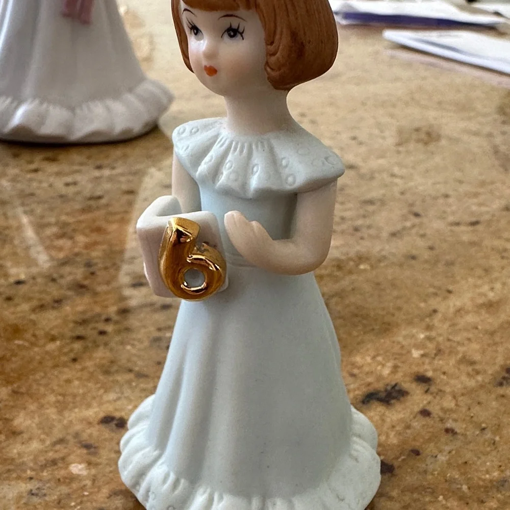 Elegant White and Gold girl 6th Birthday Cake Topper with brown hair